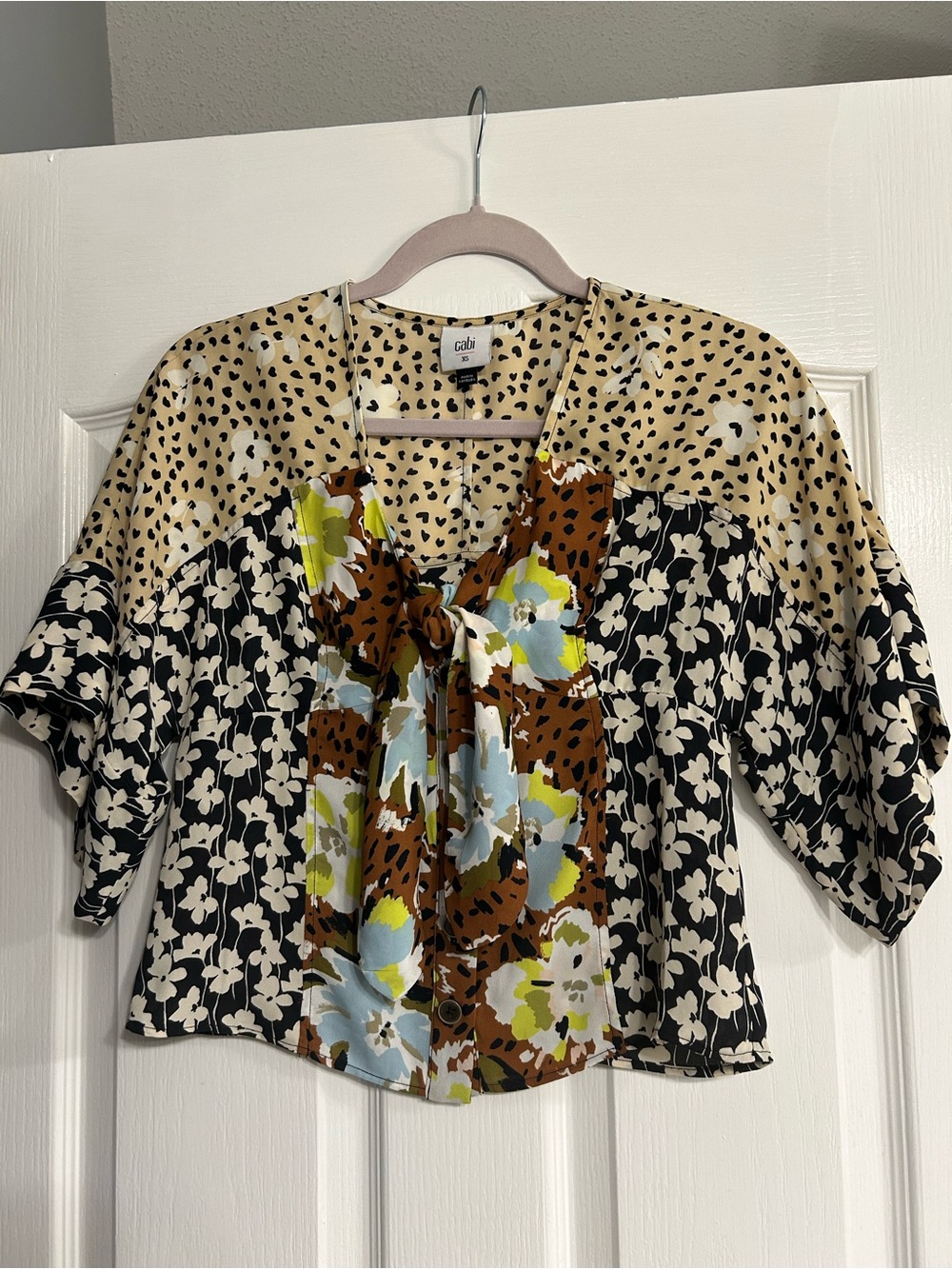 CAbi Mixed-Print Tie-Front Blouse in Cream, Black, Brown & Blue